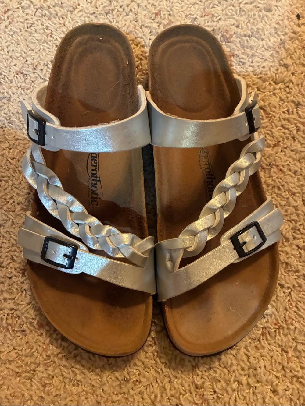 Silver Braided Double-Strap Women's Sandals with Adjustable Buckles